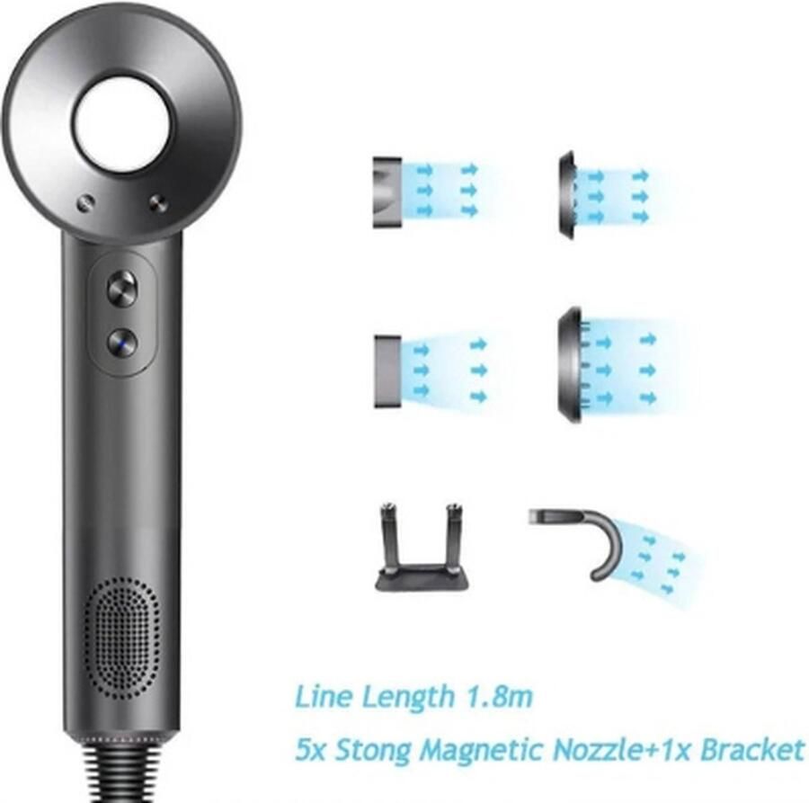 Föhn met Diffuser Ionische Haardroger Hair Dryer Professionele Haar Droger Rijk uitgerust Inclusief 6 accessoires 3 Standen Zilver