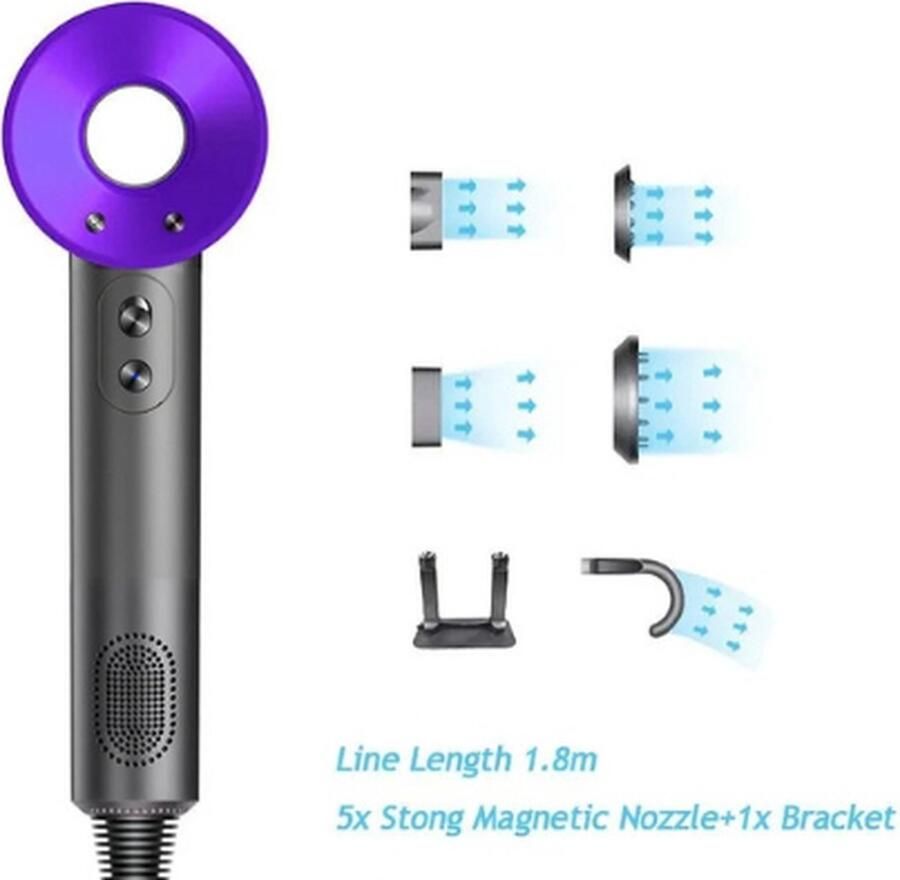 Föhn met Diffuser Ionische Haardroger Hair Dryer Professionele Haar Droger Rijk uitgerust Inclusief 6 accessoires 3 Standen Paars