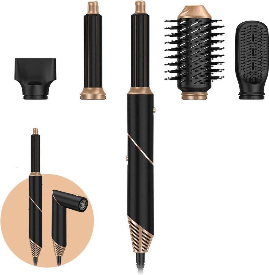 Föhnborstel 5 in 1 Krultang Föhnborstel Multistyler Föhn Hairwrap Heteluchtborstel Met Hittebestendige Handschoen Black Edition