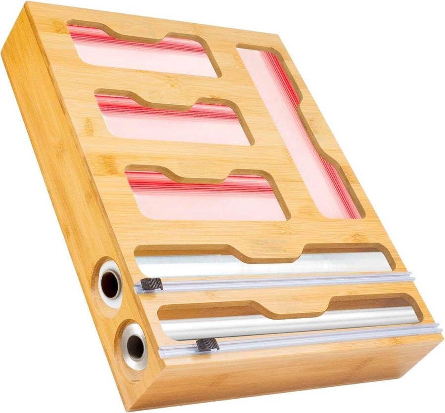 Foliehouder 6-in-1 keukenorganizer bamboefolie snijmachine vrieszak-organizer 4 vakken-2 snijmachines