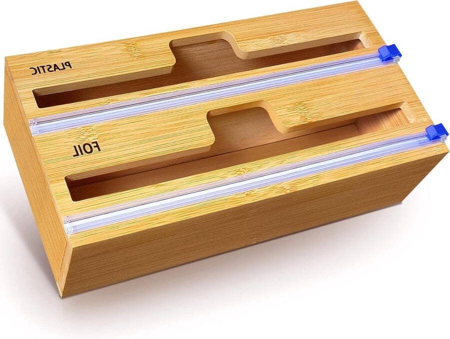 Foliehouder Wikkeldispenser snijder etiketten waspapier plastic folie keuken lade bamboe rol organizer 305 cm rol (2 in 1)