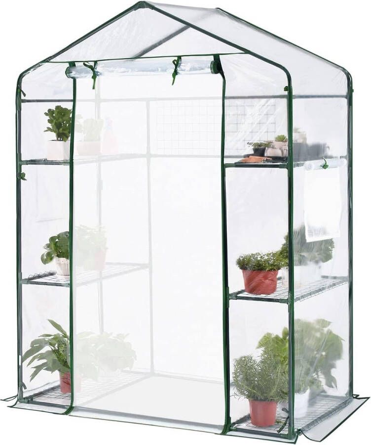 Foliekas 143x73x195cm tomatenkas met 4 planken inlooptomatenhuis met roldeuren voor groente fruit bloemen tuin balkon