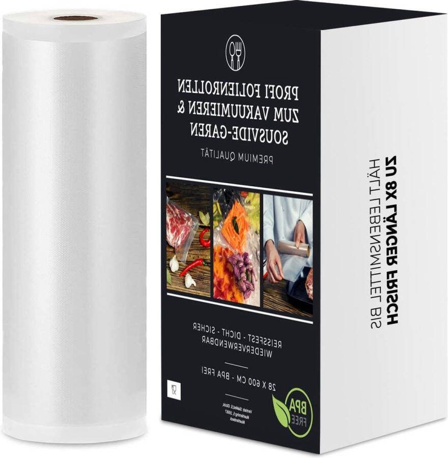 Folierollen 28 x 600 cm BPA-vrij en kookvast Sterk en scheurvast Geschikt voor sous-vide Herbruikbaar Voor vacuümverpakkers