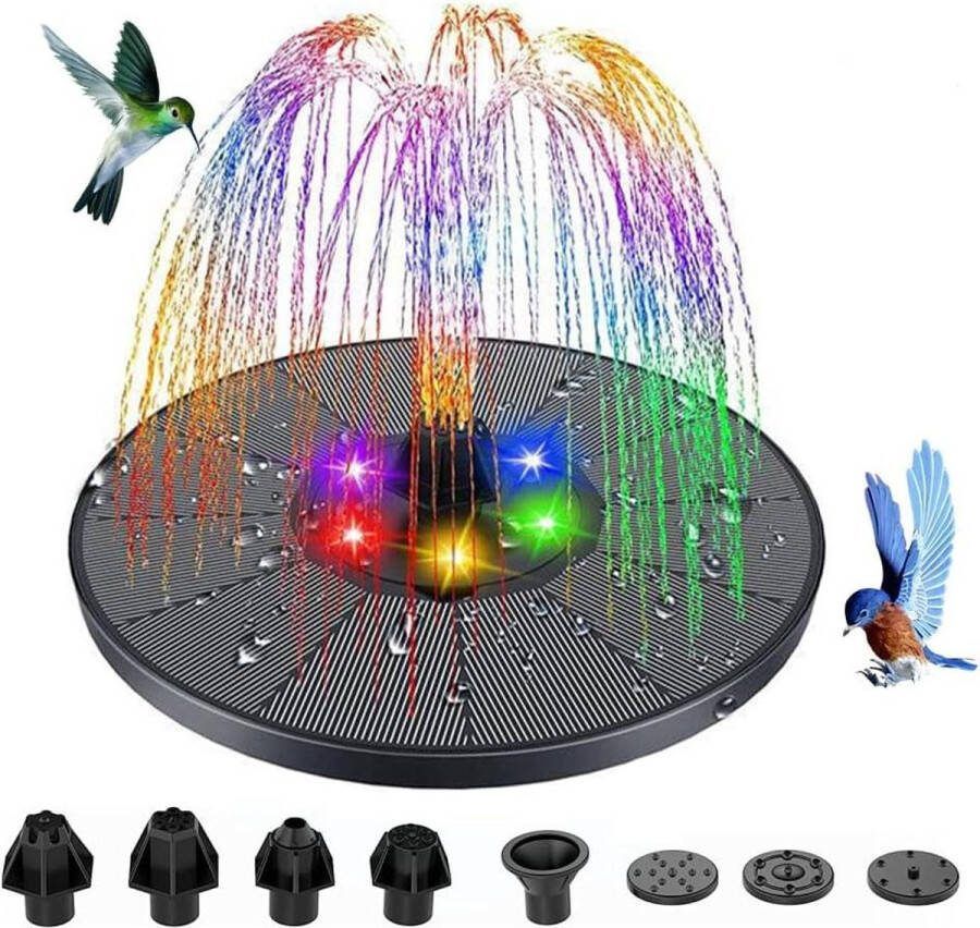 Fontein op zonne-energie met LED verlichting en 8 sproeiers 3 W 160 mm incl. accu voor vogelbadjes kleine vijverpomp