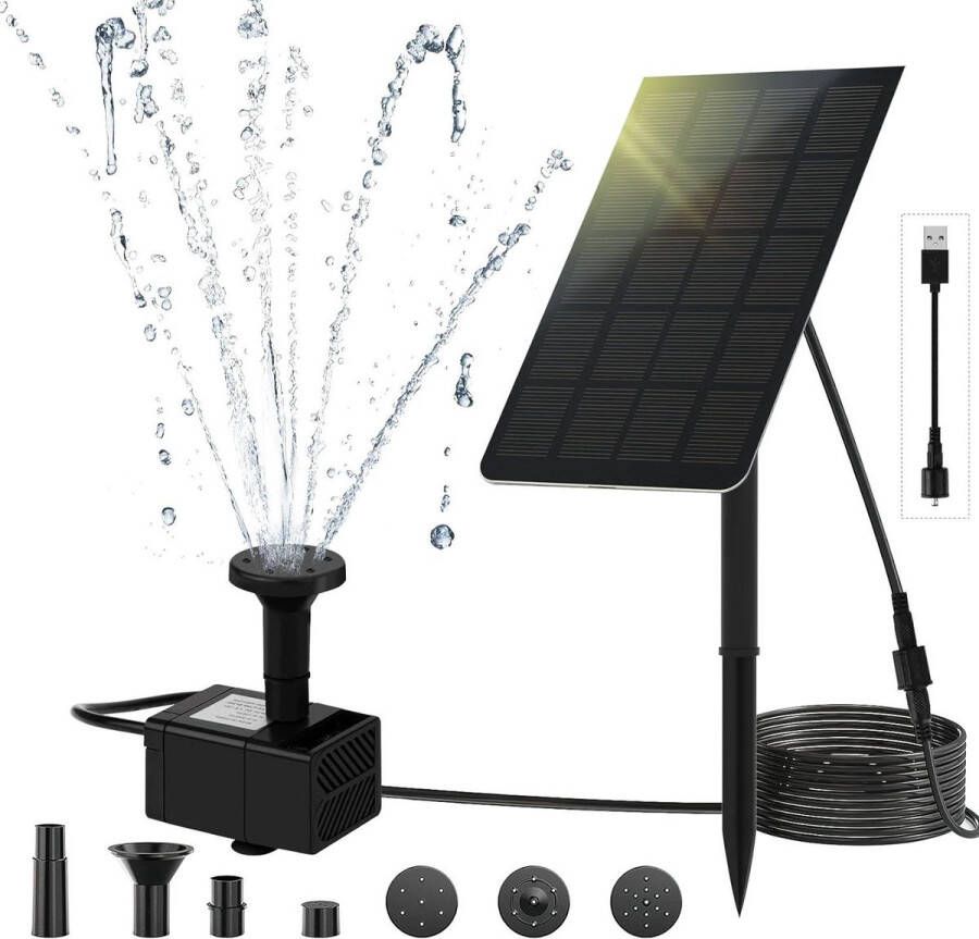 Fonteinpomp op Zonne-energie 25W met Grondpalen en 7 Sproeiers- Vijverpomp- Inbouwen- USB-Oplaadkabel- Tuinvijver- Tuindecoratie- Vogelbad- Vijver
