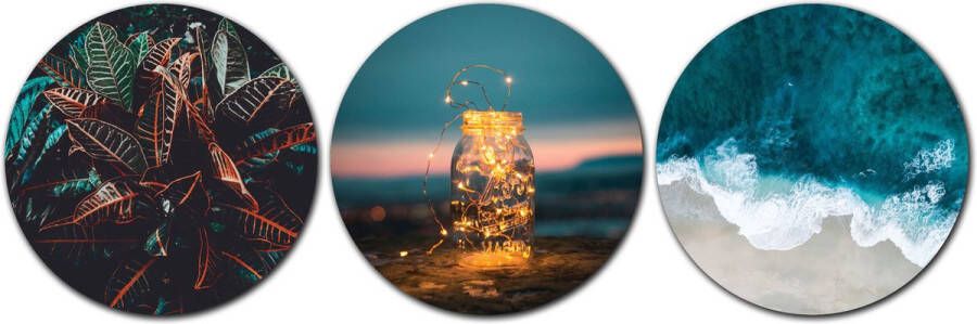 Forex Muurcirkel Set Lichtjes bij de Zee Set van 3 Wandcirkels met Ophangsystemen 20x20x20