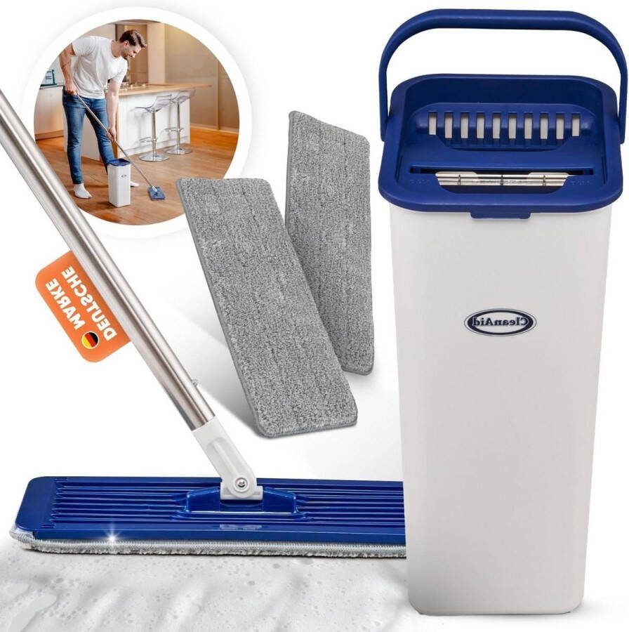 Formosa 2 vloerwissers dweilset 360° platte wisser compacte emmer extra lange 155 cm roestvrijstalen steel voor alle gladde oppervlakken 2 microvezel wisserovertrekken Mop