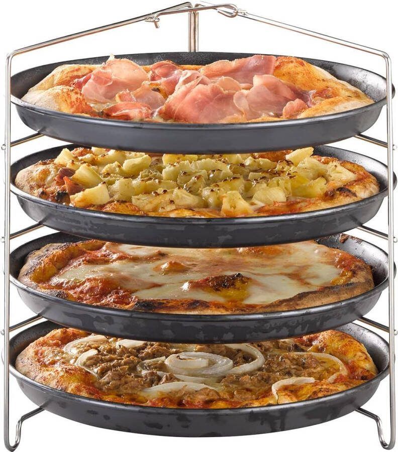 Frame voor 4 pizzaborden 26 x 25 cm H: 26 cm roestvrij staal voor pizzaborden tot Ø 28 cm afstand tussen de niveaus: 5 cm inklapbare vergrendelbar