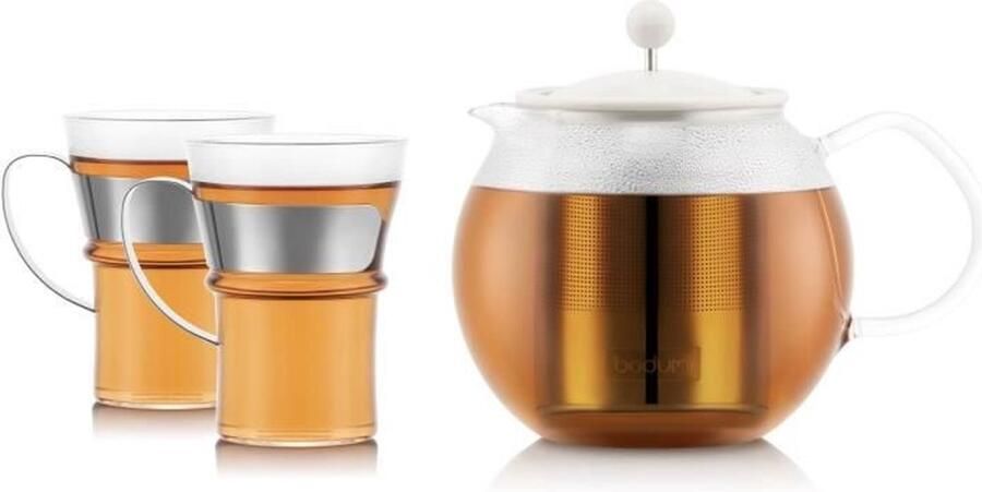 Franse pers theepot BODUM ASSAM SET 1 0 l met roestvrijstalen filter plastic deksel + 2 glazen kopjes met roestvrijstalen handvat 0 35 l