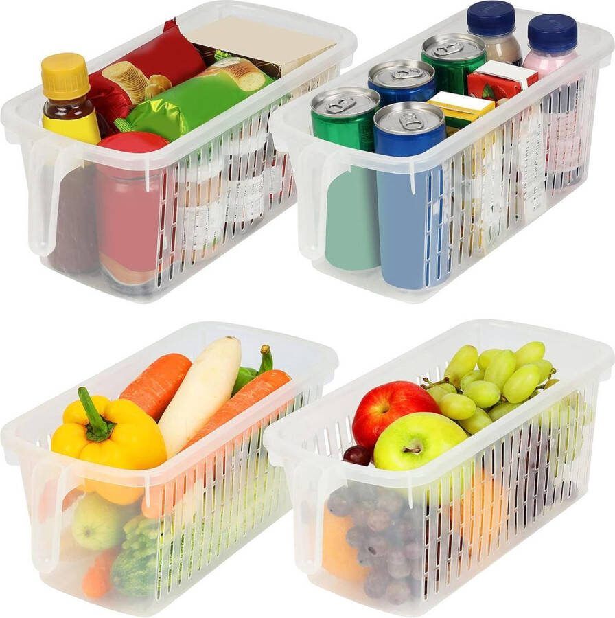Freezer & Cupboards Storage Containers with Handles (4Pack) 32cm Total Length Clear Plastic Fridge Trays For Bathroom Cellar Drawers Home Organization