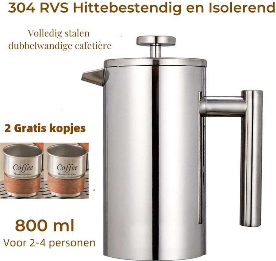 French Press Koffiemaker Met 2 Gratis Kopjes Koffiepers Cafetière Koffiepot Dubbelwandige RVS Cafetiere 800 ml