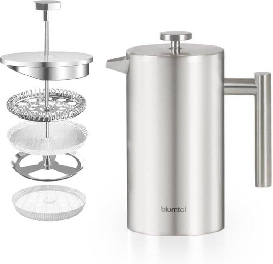 French Press van roestvrij staal 350 ml (2 kopjes) Thermo koffiemaker dubbelwandig geïsoleerd met meetschaal incl. reservefilter & handleiding