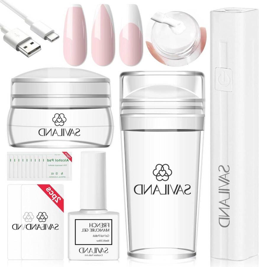 French Tip Nail Stamp Kit Professional Short & Long Silicone Jelly Stamps Classic White Gel Nail Polish Nail Scrapers Portable UV Light