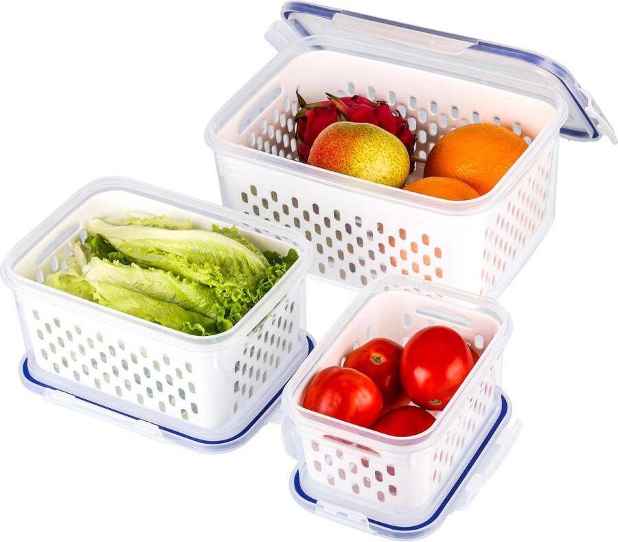 Fresh Produce Saver Storage Containers with Drain Baskets Reusable Fridge-Freezer Plastic Food Organiser Bins Store Vegetables & Fruit Dishwasher-Microwave Safe