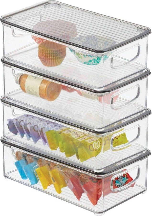 Fridge Box with Lid Food Storage Box for Kitchen Set of 4 Transparent Smoke Grey