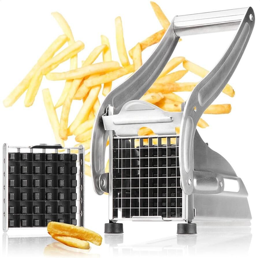 Frietsnijder van roestvrij staal aardappelpers met 2 snijinzetstukken groente- kaas- en kaasstifmachine vaatwasmachinebestendig (roestvrij staal 1 stuk)