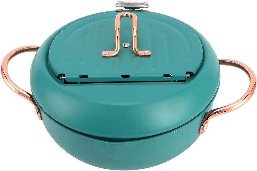 Frituurpan 304 Roestvrij Staal met Temperatuurregeling en Deksel Japanse Stijl Frituurpan Thermometer Roestvrijstalen Friteuse Inductiekookplaat Diepgroen