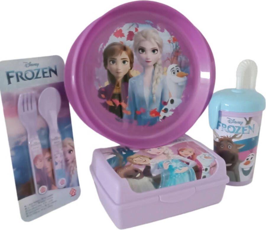 Disney Fronzen II Shool Cartoon- Lunchbox set- 3 Stuks-Lunchbox glas met rietje 400ml vorkenset theelepel+ een extra cadeaubord voor Meisjes prachtige schoolset met tekenfilms