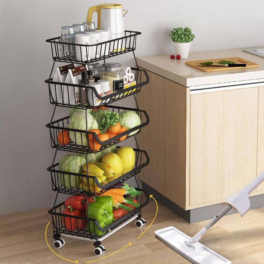 Fruit- en groentemand met wielen gereedschapshouder voor fruitmand stapelbaar 5 niveaus groentemand voor keuken voorraadkast toilet