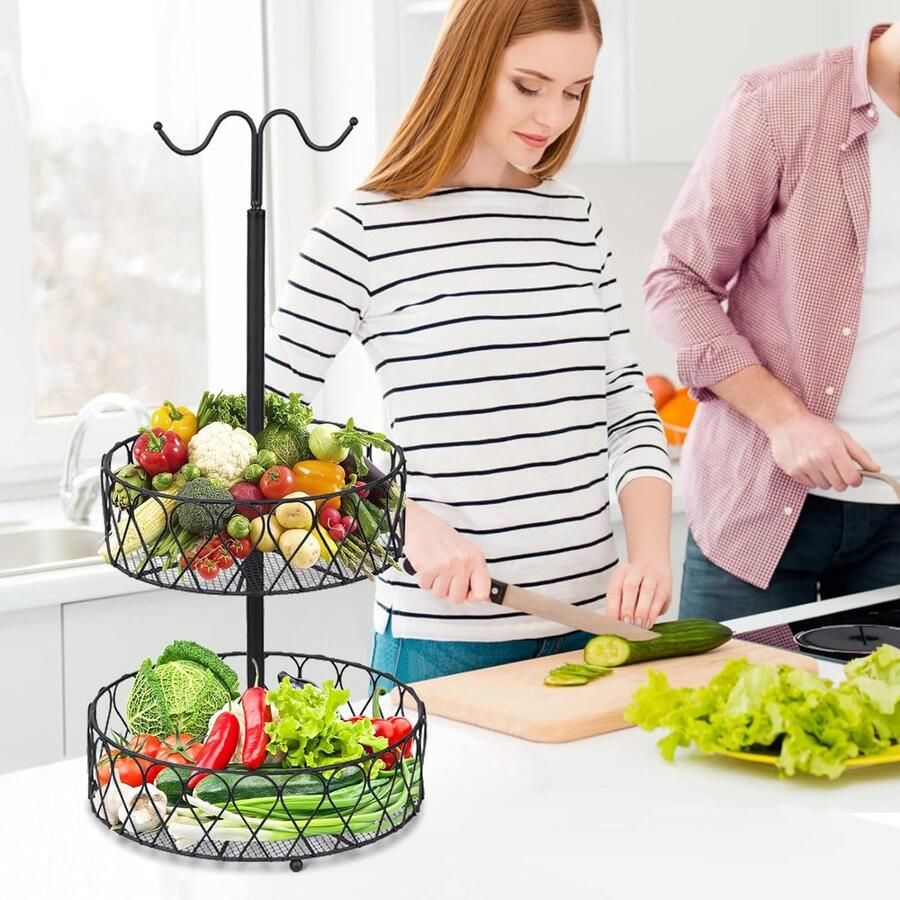 Fruit etagère bananenhouder 2 verdiepingen fruitmand voor meer ruimte op het werkblad opslag voor groenten en fruit fruitschaal fruitstandaard (zwart)
