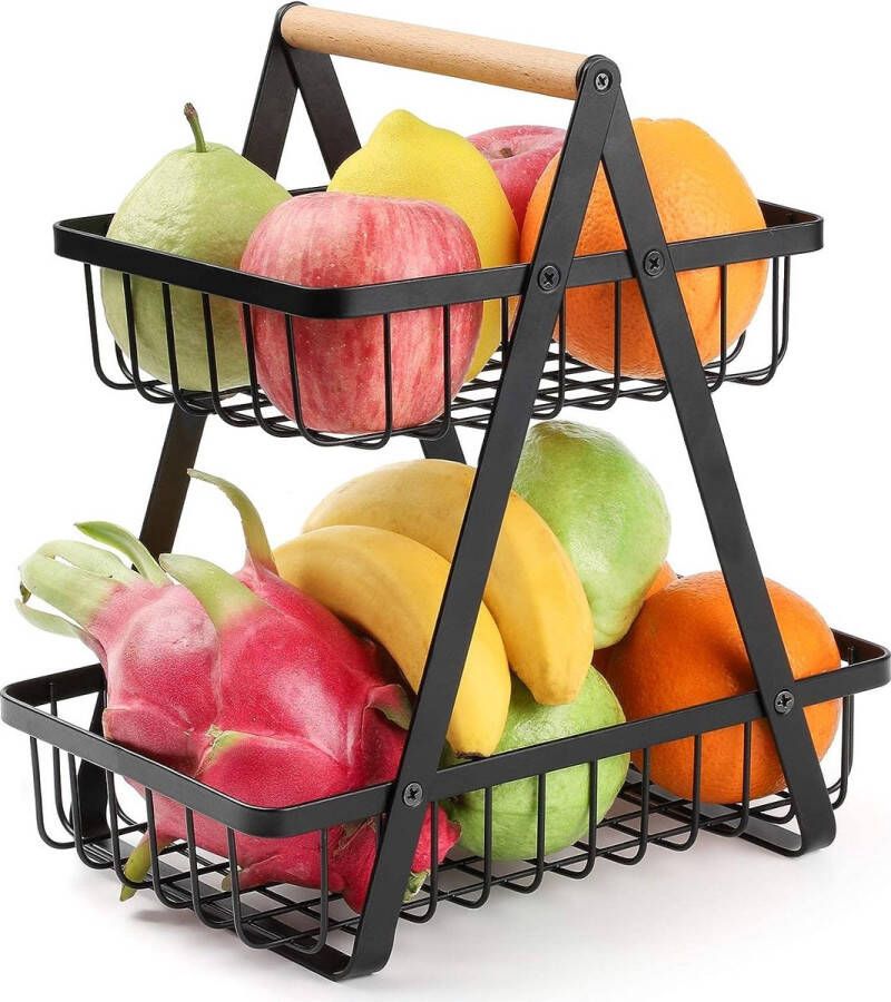 Fruitetagère 2 etages fruitmandrek fruitschaal afneembare houder keukenopbergmand groenterek brood snacks mand (zwart)