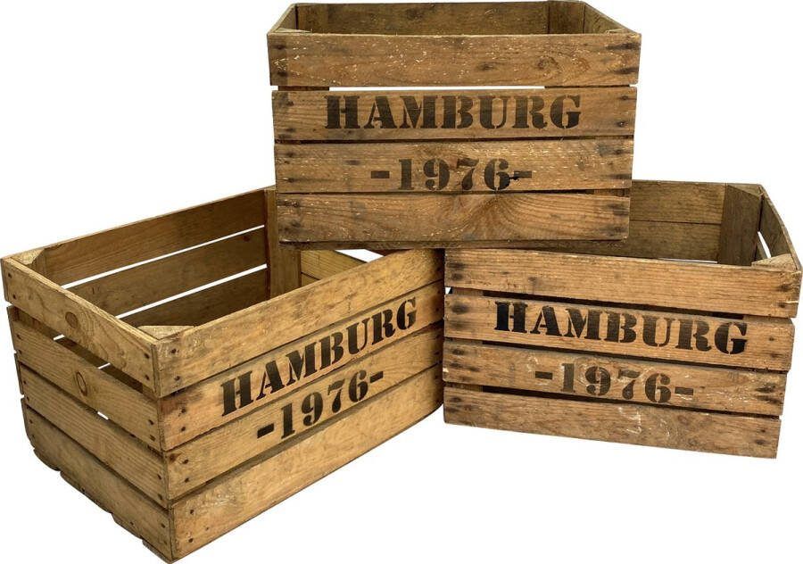 DecoLis.NL Fruitkist Hamburg 1976 Set van drie houten kratten
