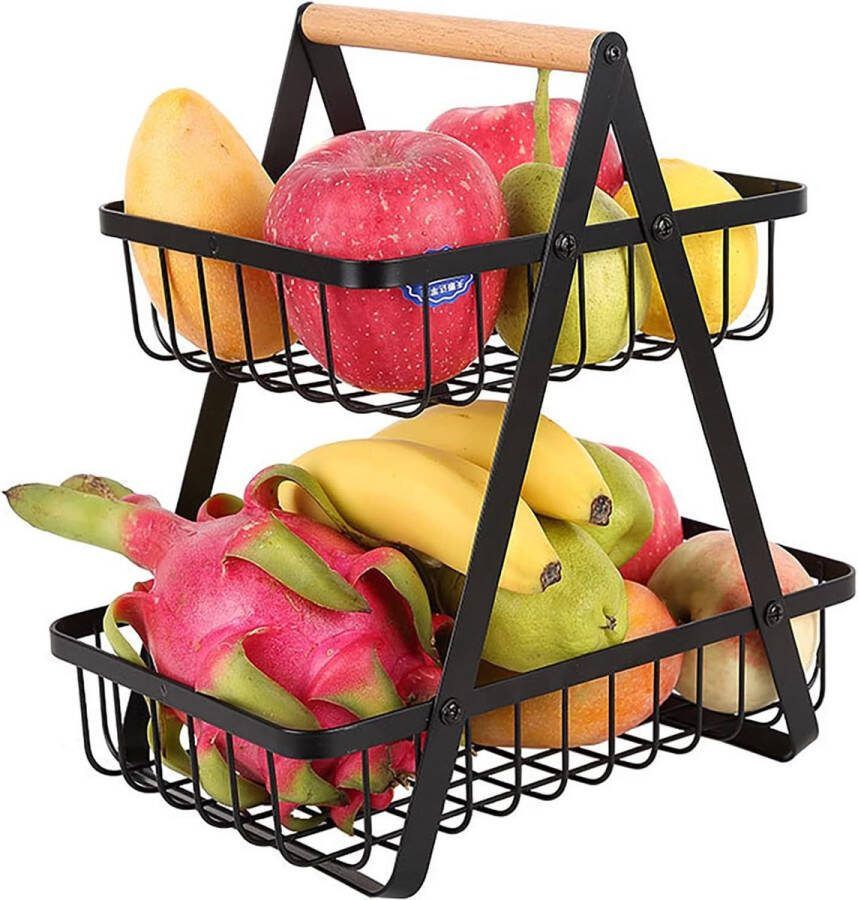 Fruitmand 2-laags broodmand Fruittaartstandaard Metalen fruitschaal taartstandaard Groentemand taartstandaard 2-laags fruitschaal Fruithouder voor keuken Groente Snacks opslag (zwart vierkant)