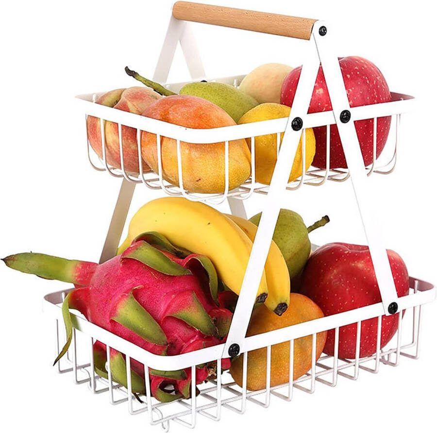 Fruitmand 2-laags broodmand Fruittaartstandaard Metalen fruitschaal taartstandaard Groentemand taartstandaard 2-laags fruitschaal Fruithouder voor keuken Groente Snacks opslag (wit vierkant)