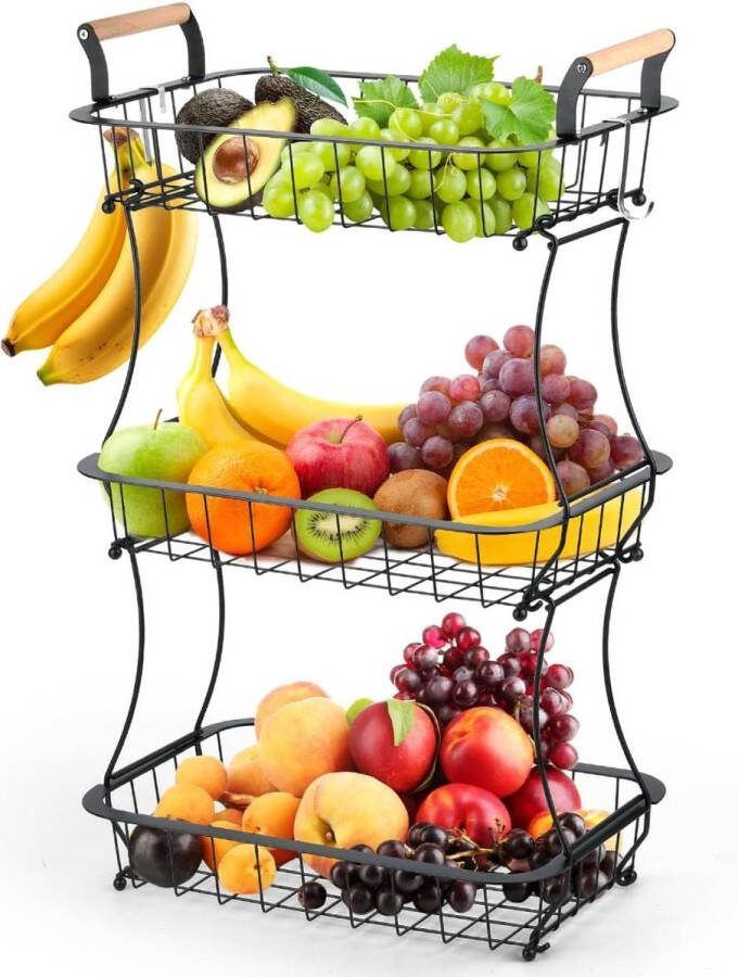 Fruitmand 3 verdiepingen metaal zwart fruitetagère handvat fruitopslag fruit groenten snacks thuis keuken kantoor schroevendraaier