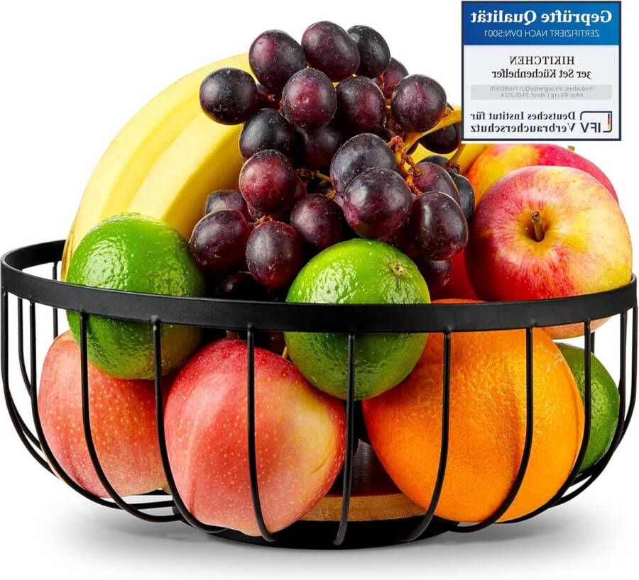 Fruitmand decoratieve schaal van metaal en bamboe fruitschaal voor keuken en huishouden zwart