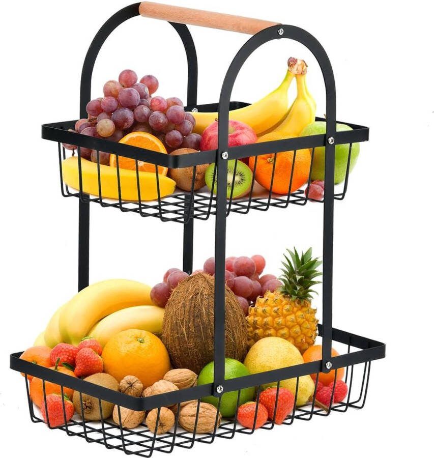 Fruitmand etagère met houten handvat fruitetagère met houten handvat 2 verdiepingen metaal zwart fruitschalen met handvat voor snacks thuis keuken kantoor fruit groenten