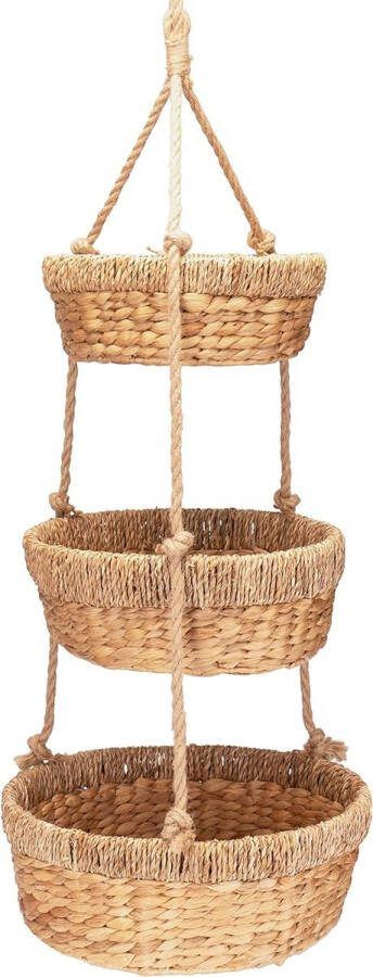 Decorasian Hanging Fruit Basket Large Stand with 3 Baskets Made of Water Hyacinth Fruit Rack for Storing Fruit and Vegetables Hanging Basket 34 cm