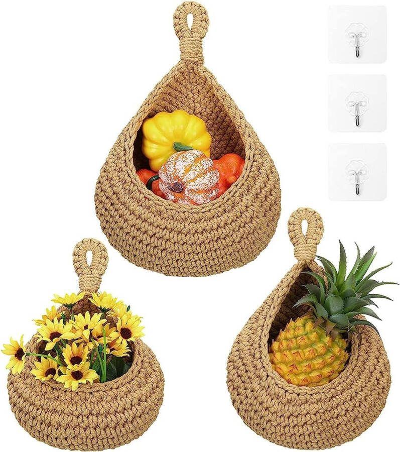 Fruitmand hangmand van handgevlochten materiaal hangmand met 3 hangmanden wandmand voor bloemen fruit groenten keuken en slaapkamer