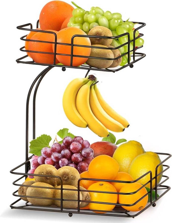 Fruitmand met 2 etages met bananenhouder keuken fruitschaal van metaal afneembaar staand modern decoratief groentemand fruitmand (brons)