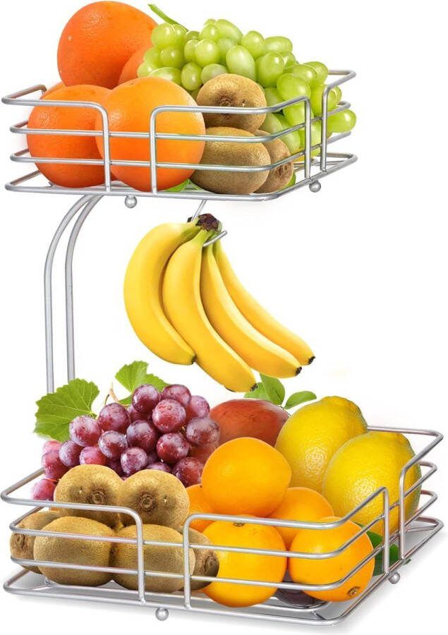Fruitmand met 2 etages met bananenstandaard fruitschaal metaal uitneembare fruitschaal modern decoratie fruitmanden (zilver)