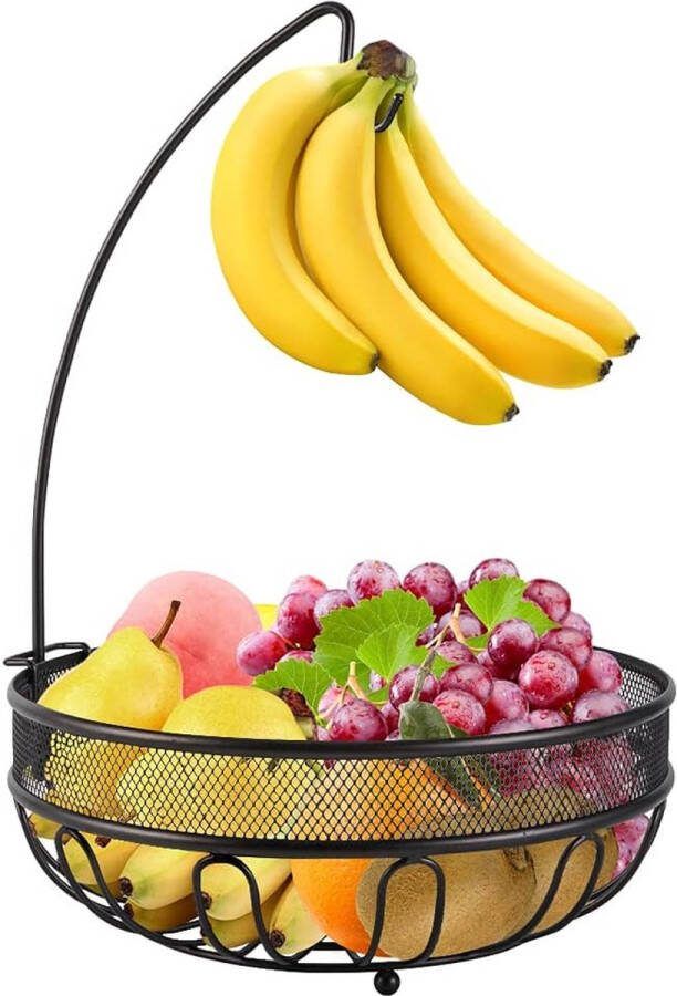 Fruitmand met 2 etages van metaal met bananenstandaard eigentijdse fruitschaal groentemand zwart