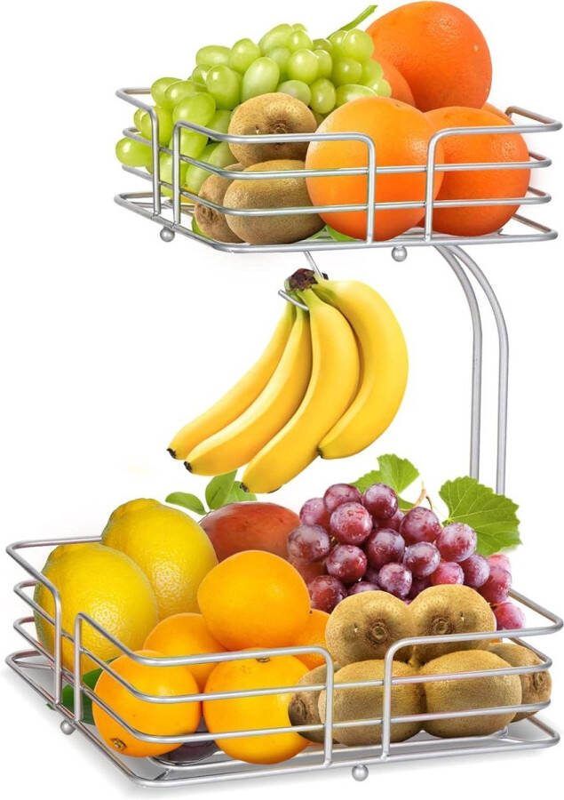 Fruitmand met 2 niveaus bananenhouder keuken fruitschaal van metaal afneembare staande fruitschalen moderne decoratieve groentemand fruitmanden zilver