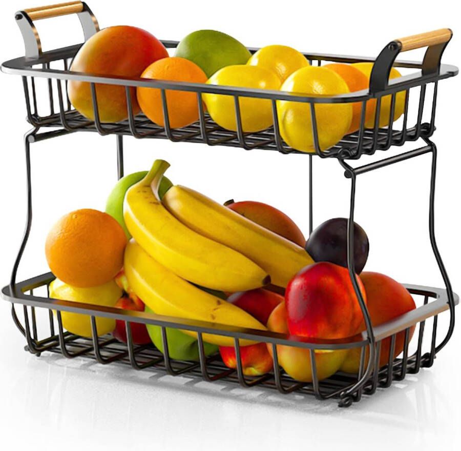 Fruitmand met 2 niveaus groenterek Fruit-etagère etalen fruitschaal voor vers fruit en Groenten Moderne Fruitschaal Praktisch voor Dagelijks gebruik in de Keuken Zwart