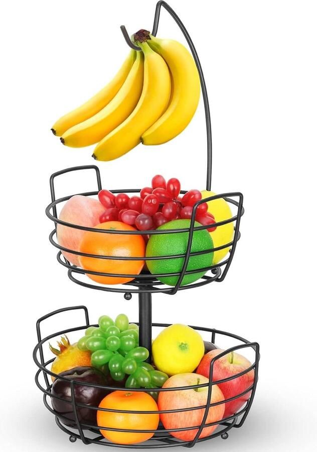 2-verdiepingen fruitmand met bananenhaak metalen fruitstandaard werkblad keukendecoratie fruitschalen groenten fruit zwart