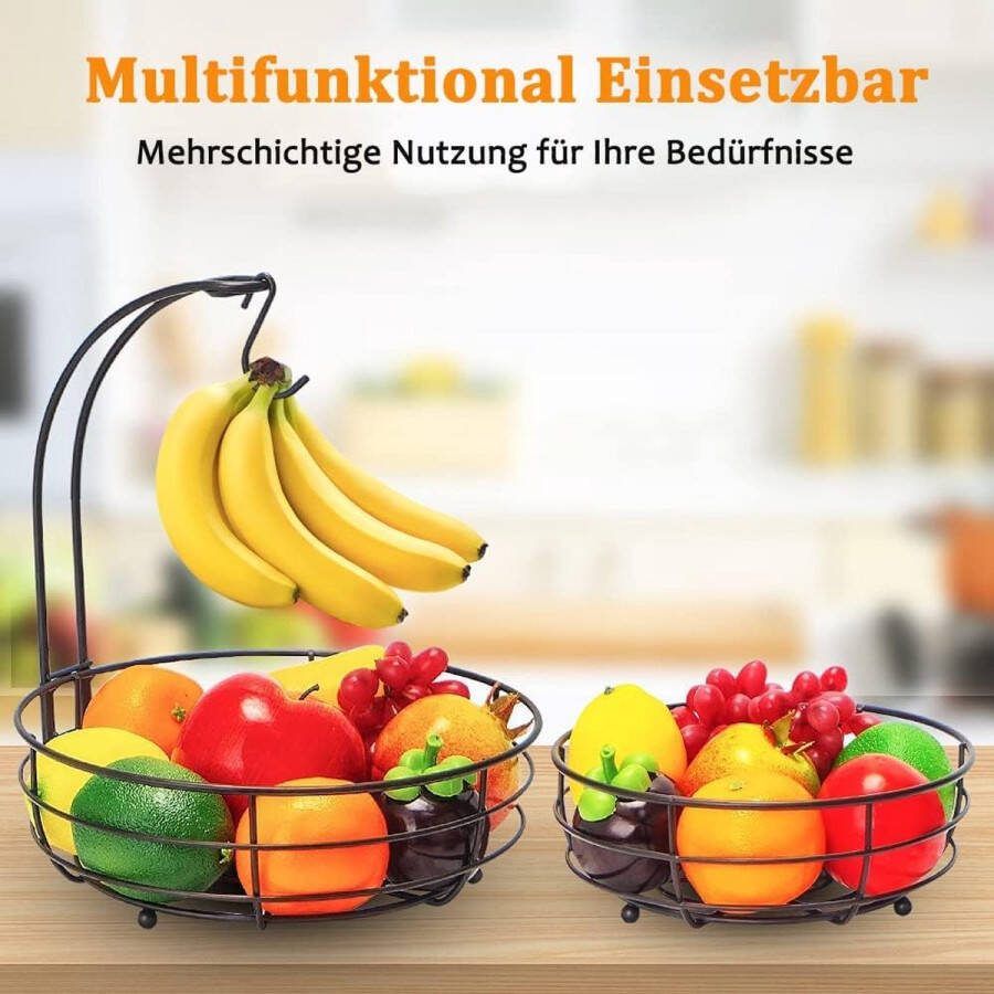 Fruitmand met bananenhouder 2 verdiepingen fruitschaal van metaal voor keuken staand moderne fruitschalen decoratieve groentemand fruitschaal bruin