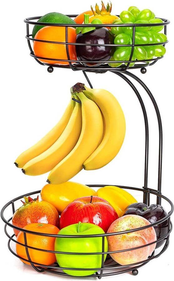 Fruitmand met bananenhouder Moderne 2 verdiepingen fruitschaal van metaal Zwarte decoratieve groentemand