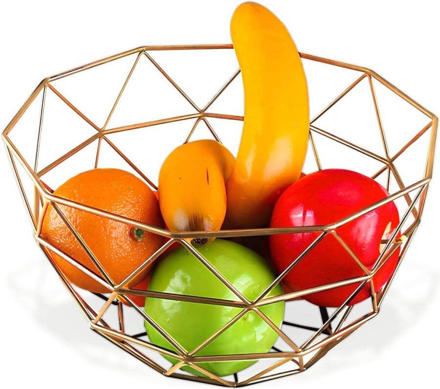 Fruitmand van metaal goudkleurig modern design citrusvruchten en noten tafeldecoratie