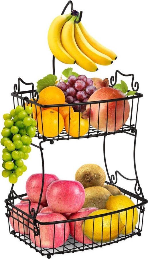 Fruitmanden 2 verdiepingen metalen draad bananenhouder eigentijdse fruitschalen groentemand dagelijkse keuken opslag (zwart)
