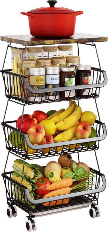 Fruitrek 4 niveaus voor keuken stapelbare fruit- en groenteopbergwagen met rollende wielen houten bovenkant metalen draadmand organizer opbergrek voor uien en aardappelen