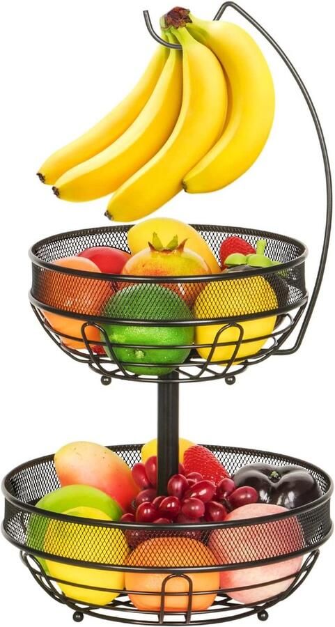 Fruitmand met 2 verdiepingen met bananenstandaard afneembaar draadrek fruitschaal groenten werkblad keuken fruitopbergmand zwart
