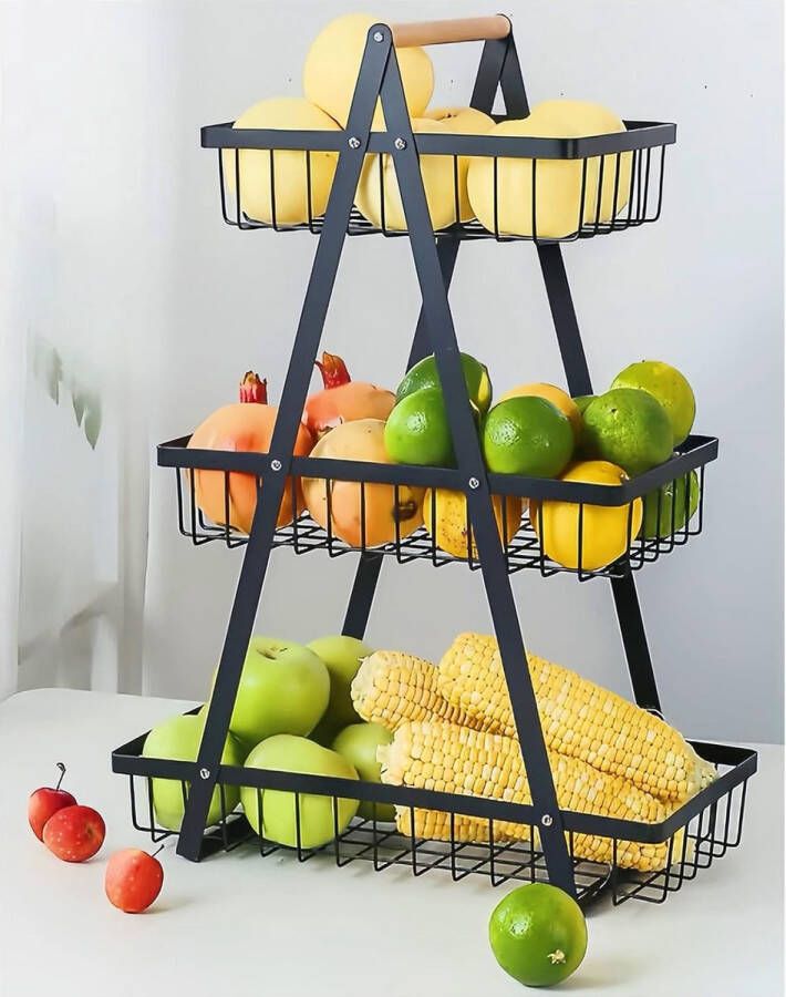 Fruitschaal 3 etagère fruitmand fruitschaal broodmand groenten modern voor keukendecoratie groenten fruit snacks (zwart vierkant)