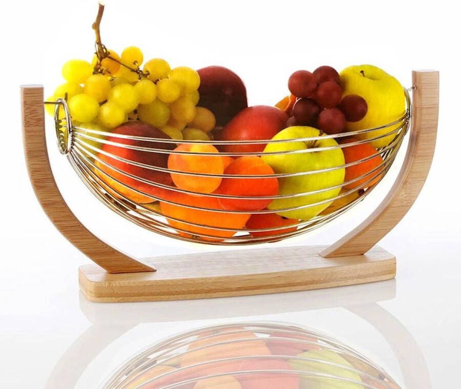 Merkloos Sans marque Decopatent Fruitschaal in hangend mandje Schaal voor fruit Design Fruitmand Metaal Bamboe Afm 36 x 21 x 18.5 Cm