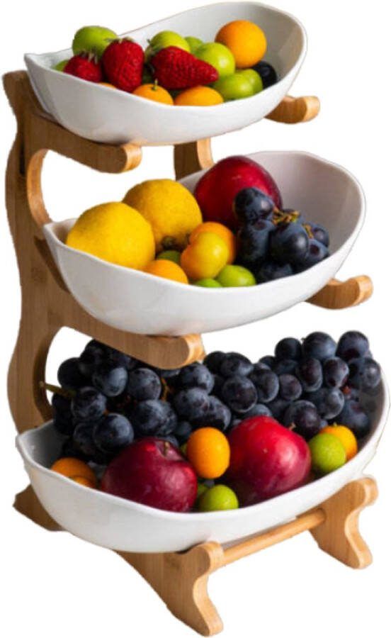 Fruitschaal Keramisch 3 Laags Wit Fruitmand Ruimte besparend Keuken Decoratief Multifunctioneel Hout Bamboe Fruit etagère H33 x B13 5 Zomer