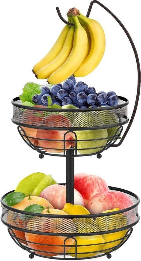 Fruitschaal met 2 niveaus en bananenhouder Metalen fruitetagère Decoratieve fruit- of groentemand Zwart