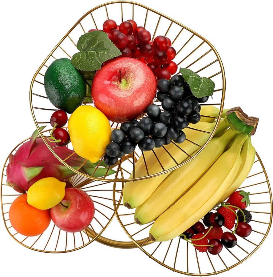 Fruitschaal met 3 etages van ijzer fruitmand zeevietmand fruitopslag voor groenten brood en fruit in de keuken (lotusblad goud)